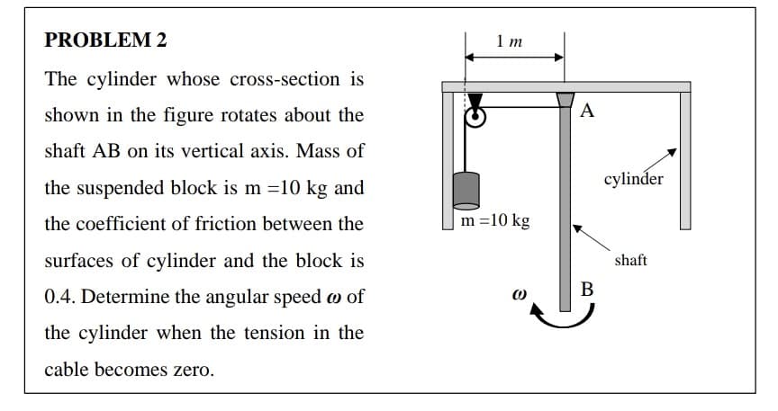 PROBLEM 2
1 m
The cylinder whose cross-section is
shown in the figure rotates about the
А
shaft AB on its vertical axis. Mass of
cylinder
the suspended block is m =10 kg and
the coefficient of friction between the
m =10 kg
surfaces of cylinder and the block is
shaft
В
0.4. Determine the angular speed w of
the cylinder when the tension in the
cable becomes zero.
