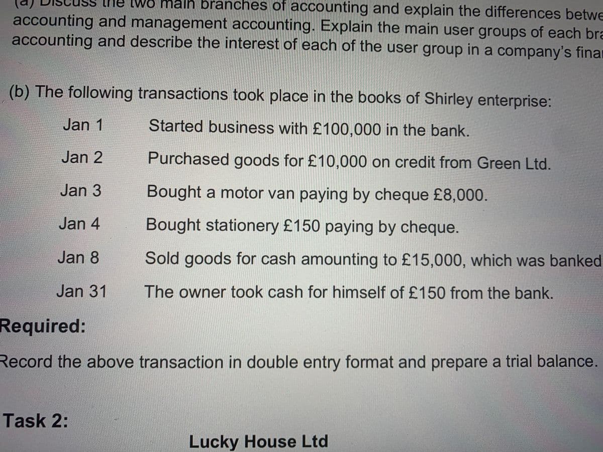 The two main branches of accounting and explain the differences betwe
accounting and management accounting. Explain the main user groups of each bra
accounting and describe the interest of each of the user group in a company's finar
(b) The following transactions took place in the books of Shirley enterprise:
Jan 1
Started business with £100,000 in the bank.
Jan 2
Purchased goods for £10,000 on credit from Green Ltd.
Jan 3
Bought a motor van paying by cheque £8,000.
Jan 4
Bought stationery £150 paying by cheque.
Jan 8
Sold goods for cash amounting to £15,000, which was banked
Jan 31
The owner took cash for himself of £150 from the bank.
Required:
Record the above transaction in double entry format and prepare a trial balance.
Task 2:
Lucky House Ltd
