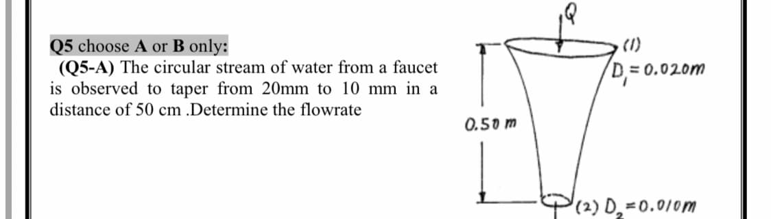 Q5 choose A or B only:
(Q5-A) The circular stream of water from a faucet
is observed to taper from 20mm to 10 mm in a
(1)
D= 0.020m
distance of 50 cm .Determine the flowrate
0.50 m
P(2) D,=0.01om
