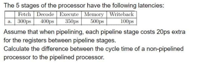 The 5 stages of the processor have the following latencies:
Fetch Decode Execute Memory Writeback
a. 300ps
400ps
350ps
500ps
100ps
Assume that when pipelining, each pipeline stage costs 20ps extra
for the registers between pipeline stages.
Calculate the difference between the cycle time of a non-pipelined
processor to the pipelined processor.
