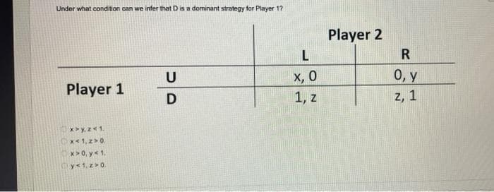 Under what condition can we infer that D is a dominant strategy for Player 1?
Player 1
xxy.z<1.
x< 1, 2>0.
x>0, y<1.
y< 1. z>0.
U
D
L
x, 0
1, z
Player 2
R
0, y
z, 1
