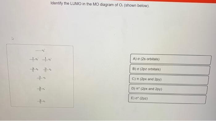 27
Identify the LUMO in the MO diagram of O: (shown below).
A) o (2s orbitals)
B) o (2pz orbitals)
C) TT (2px and 2py)
D) T* (2px and 2py)
E) o* (2pz)