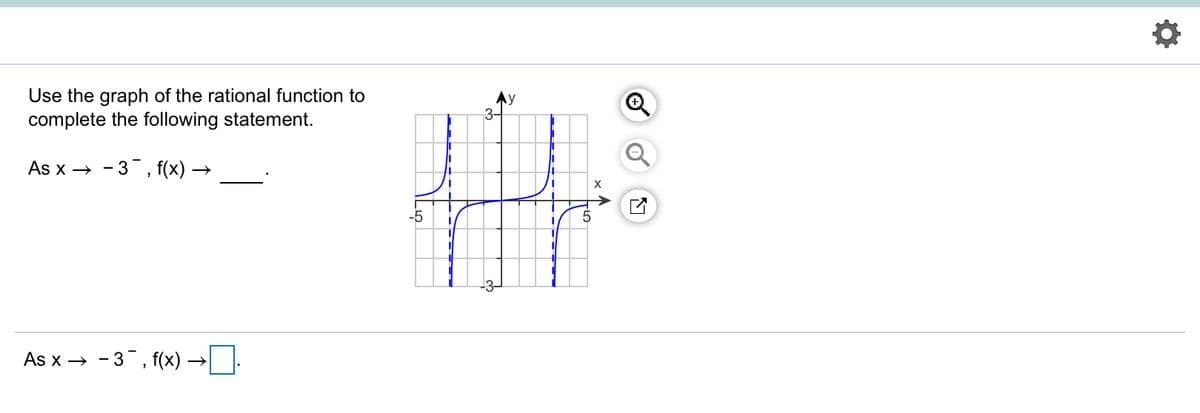 Use the graph of the rational function to
3-
complete the following statement.
As x → - 3, f(x) –
-5
As x → - 3, f(x) –
