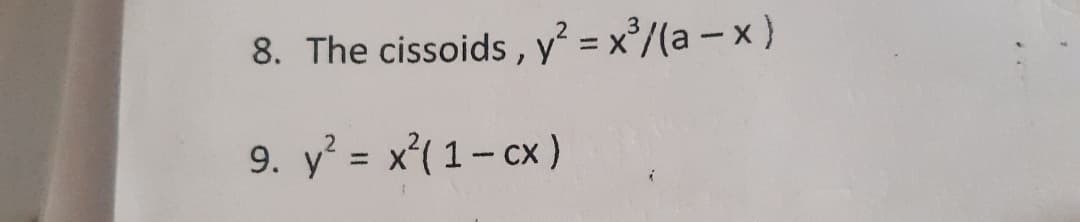 8. The cissoids, y² = x°/(a – x )
9. y = x'( 1- cx)
%3D
