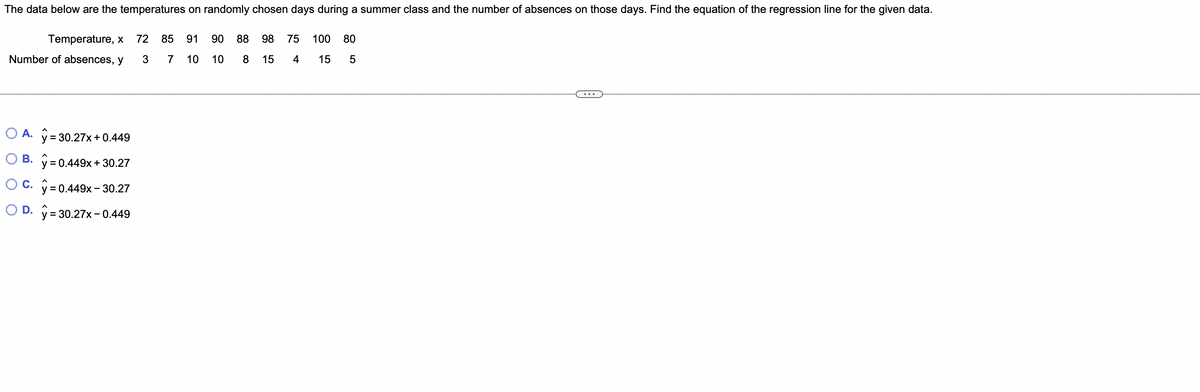 The data below are the temperatures on randomly chosen days during a summer class and the number of absences on those days. Find the equation of the regression line for the given data.
Temperature, x
72
85
91
90
88
98
75
100
80
Number of absences, y
3
7
10
10
8
15
4
15
A. y= 30.27x+ 0.449
%3D
В.
y = 0.449x + 30.27
C. y = 0.449x - 30.27
D. y = 30.27x- 0.449
