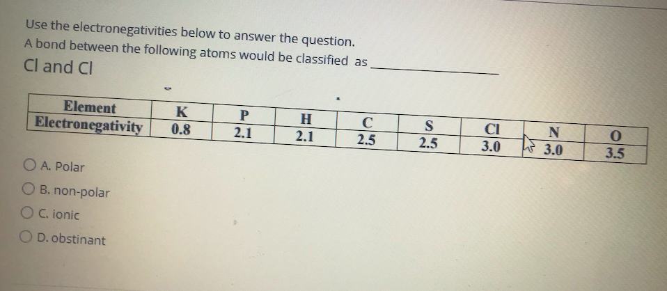 Use the electronegativities below to answer the question.
A bond between the following atoms would be classified as
Cl and Cl
Element
H
C
S
CI
Electronegativity
0.8
2.1
2.1
2.5
2.5
3.0
3.0
3.5
O A. Polar
O B. non-polar
O C. ionic
O D. obstinant
