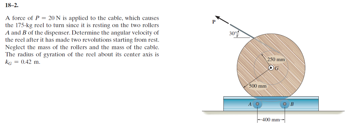 18–2.
A force of P = 20 N is applied to the cable, which causes
the 175-kg reel to turn since it is resting on the two rollers
A and B of the dispenser. Determine the angular velocity of
the reel after it has made two revolutions starting from rest.
Neglect the mass of the rollers and the mass of the cable.
The radius of gyration of the reel about its center axis is
30°
250 mm
kG = 0.42 m.
OG
500 mm
-400 mm-
