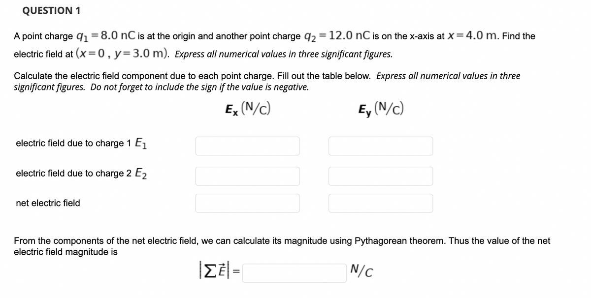 QUESTION 1
A point charge qı =8.0 nC is at the origin and another point charge q2 = 12.0 nC is on the x-axis at X=4.0 m. Find the
electric field at (x=0,y=3.0 m). Express all numerical values in three significant figures.
Calculate the electric field component due to each point charge. Fill out the table below. Express all numerical values in three
significant figures. Do not forget to include the sign if the value is negative.
E (N/c)
Ey (N/c)
electric field due to charge 1 E1
electric field due to charge 2 E2
net electric field
From the components of the net electric field, we can calculate its magnitude using Pythagorean theorem. Thus the value of the net
electric field magnitude is
N/c
