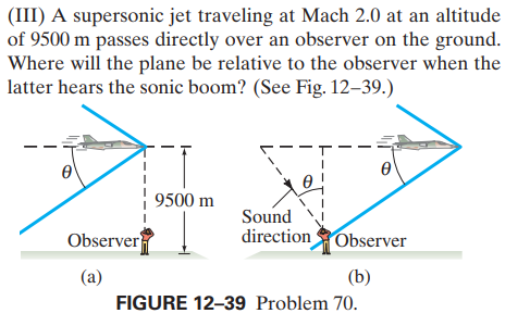 (III) A supersonic jet traveling at Mach 2.0 at an altitude
of 9500 m passes directly over an observer on the ground.
Where will the plane be relative to the observer when the
latter hears the sonic boom? (See Fig. 12–39.)
| 9500 m
Sound
directionObserver
Observer
(a)
(b)
FIGURE 12-39 Problem 70.
