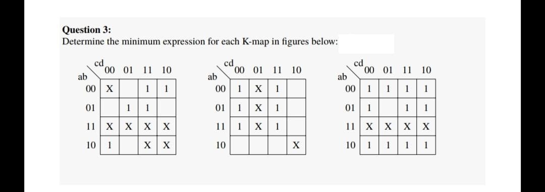 Question 3:
Determine the minimum expression for each K-map in figures below:
cd
10001 11 10
ab
cd
1000 11
cd
10
11 10
ab
ab
00 x 1
1
1
00 111 1
1
00
X
01
1
1
01
X 1
01 1 1 1
1
11 X X X X
11
1
X
1
11 x x X X
10
1
X X
10
X
10
1
1
1
1
