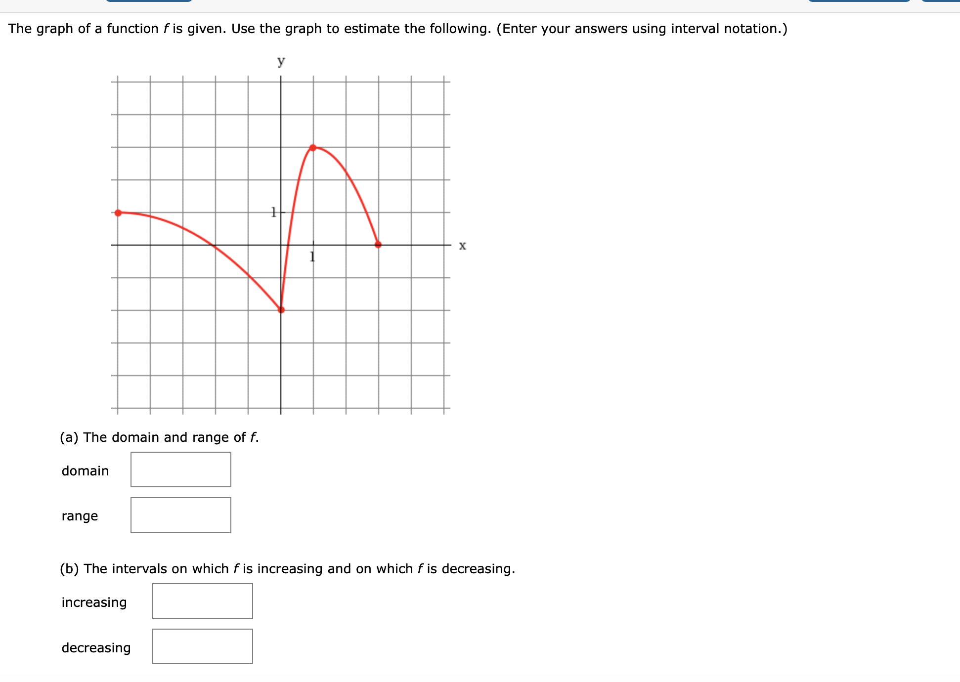 The graph of a function f is given. Use the graph to estimate the following. (Enter your answers using interval notation.)
y
X
(a) The domain and range of f.
domain
range
(b) The intervals on which f is increasing and on which f is decreasing.
increasing
decreasing
