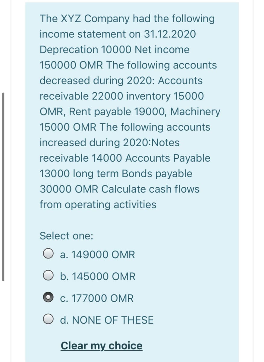 The XYZ Company had the following
income statement on 31.12.2020
Deprecation 10000 Net income
150000 OMR The following accounts
decreased during 2020: Accounts
receivable 22000 inventory 15000
OMR, Rent payable 19000, Machinery
15000 OMR The following accounts
increased during 2020:Notes
receivable 14000 Accounts Payable
13000 long term Bonds payable
30000 OMR Calculate cash flows
from operating activities
Select one:
O a. 149000 OMR
O b. 145000 OMR
c. 177000 OMR
O d. NONE OF THESE
Clear my choice
