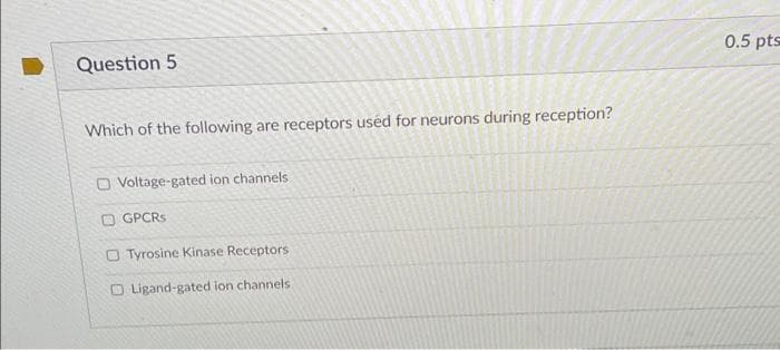 Question 5
0.5 pts
Which of the following are receptors used for neurons during reception?
O Voltage-gated ion channels
O GPCRS
O Tyrosine Kinase Receptors
O Ligand-gated ion channels
