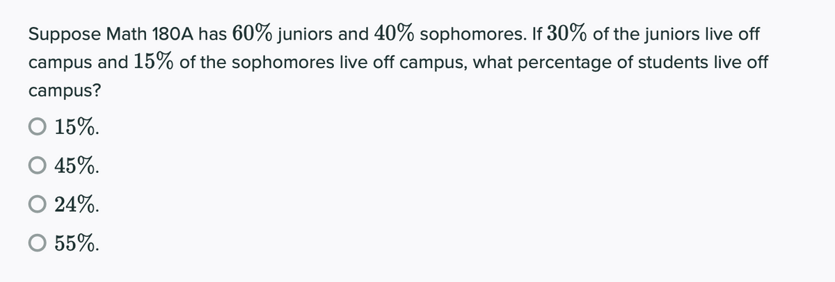 Suppose Math 180A has 60% juniors and 40% sophomores. If 30% of the juniors live off
campus and 15% of the sophomores live off campus, what percentage of students live off
campus?
O 15%.
45%.
24%.
O 55%.

