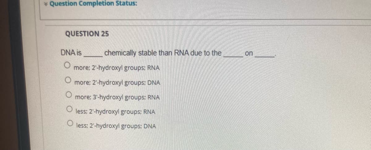 Question Completion Status:
QUESTION 25
DNA is
chemically stable than RNA due to the
on
more: 2-hydroxyl groups: RNA
more: 2'-hydroxyl groups: DNA
more; 3'-hydroxyl groups: RNA
less: 2'-hydroxyl groups: RNA
less: 2'-hydroxyl groups: DNA
