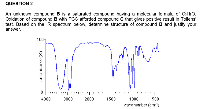 QUESTION 2
An unknown compound B is a saturated compound having a molecular formula of C3H8O.
Oxidation of compound B with PCC afforded compound C that gives positive result in Tollens'
test. Based on the IR spectrum below, determine structure of compound B and justify your
answer.
100-
4000
3000
2000
1500
1000
500
wavenumber (cm-1)

