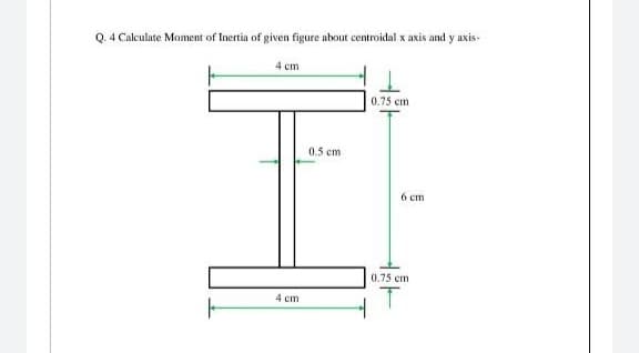 Q. 4 Calculate Moment of Inertia of given figure about centroidal x axis and y axis-
4 cm
0.75 cm
0.5 cm
б ст
0.75 cm
4 ст
