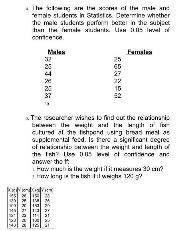 4. The following are the scores of the male and
female students in Statistics. Determine whether
the male students perform better in the subject
than the female students. Use 0.05 level of
confidence.
Males
32
25
44
26
25
37
30
25
65
27
22
15
52
X (g) Y (cm) X (g) Y (cm)
155 28 150 28
139 25 138 26
100 20 153 29
145 27 143 27
121 23 114 21
128 20 130 25
143 28
125
21
Females
5. The researcher wishes to find out the relationship
between the weight and the length of fish
cultured at the fishpond using bread meal as
supplemental feed. Is there a significant degree
of relationship between the weight and length of
the fish? Use 0.05 level of confidence and
answer the ff:
1. How much is the weight if it measures 30 cm?
2. How long is the fish if it weighs 120 g?