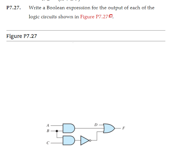 P7.27.
Write a Boolean expression for the output of each of the
logic circuits shown in Figure P7.270.
Figure P7.27
A
B
