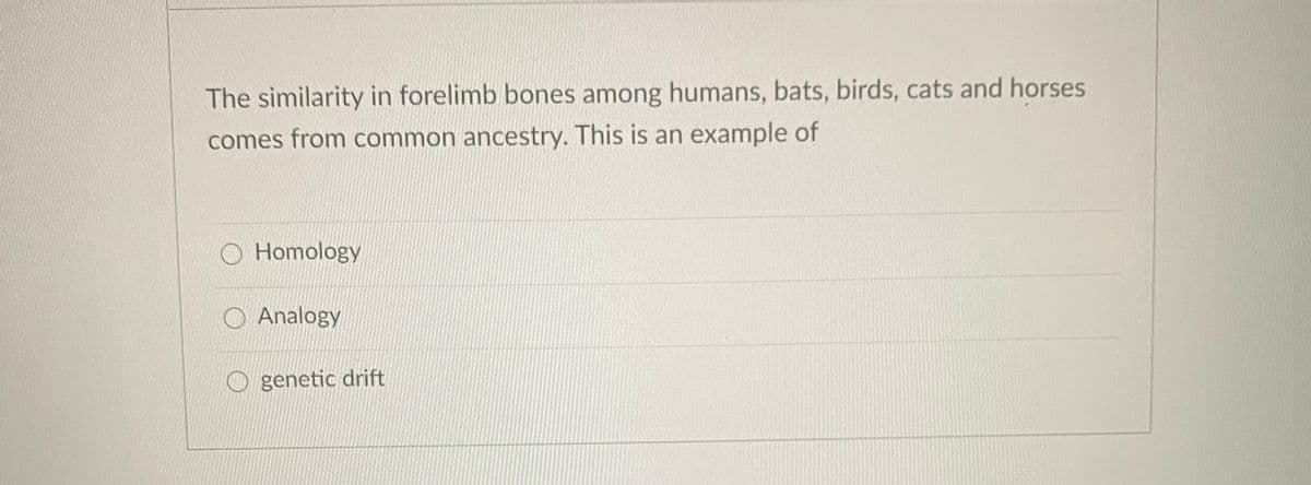 The similarity in forelimb bones among humans, bats, birds, cats and horses
comes from common ancestry. This is an example of
O Homology
O Analogy
genetic drift
