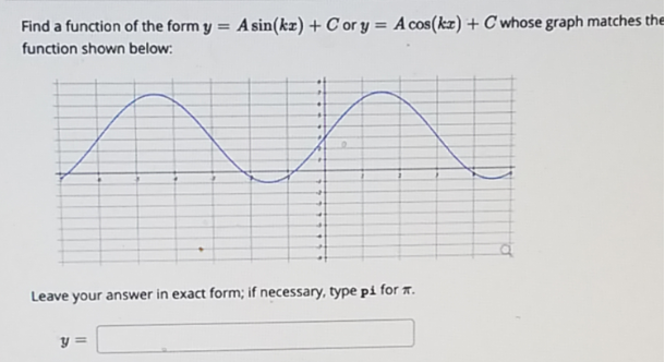 Find a function of the form y = Asin(kz) + C or y = A cos(kz) + C whose graph matches the
function shown below:
Leave your answer in exact form; if necessary, type pi for a.
y =
