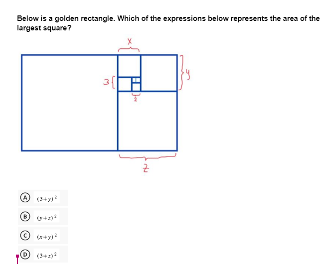 Below is a golden rectangle. Which of the expressions below represents the area of the
largest square?
(3+ y)²
B (y+z)²
Ⓒ (x+y)²
(3+z)²
A
W
fer
Z
sy