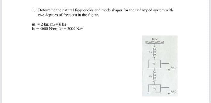 1. Determine the natural frequencies and mode shapes for the undamped system with
two degrees of freedom in the figure.
mi = 2 kg; m₂ = 6 kg
kı = 4000 N/m; k2= 2000 N/m
Base
0000000000 €
1
(0)
*₂(1)