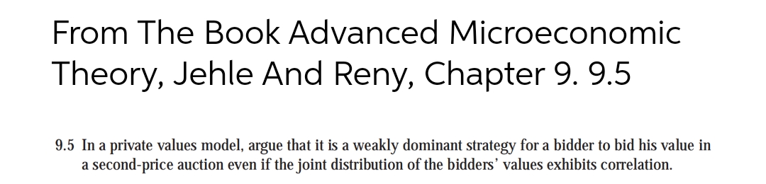 From The Book Advanced Microeconomic
Theory, Jehle And Reny, Chapter 9. 9.5
9.5 In a private values model, argue that it is a weakly dominant strategy for a bidder to bid his value in
a second-price auction even if the joint distribution of the bidders' values exhibits correlation.
