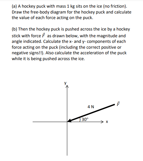 (a) A hockey puck with mass 1 kg sits on the ice (no friction).
Draw the free-body diagram for the hockey puck and calculate
the value of each force acting on the puck.
(b) Then the hockey puck is pushed across the ice by a hockey
stick with force F as drawn below, with the magnitude and
angle indicated. Calculate the x- and y- components of each
force acting on the puck (including the correct positive or
negative signs!!). Also calculate the acceleration of the puck
while it is being pushed across the ice.
4N
30°
