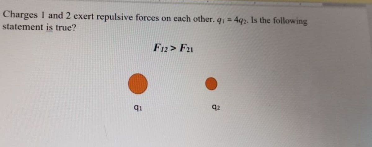 Charges 1 and 2 exert repulsive forces on each other. q = 4q2. Is the following
%3D
statement is true?
F12> F1
q1
q2
