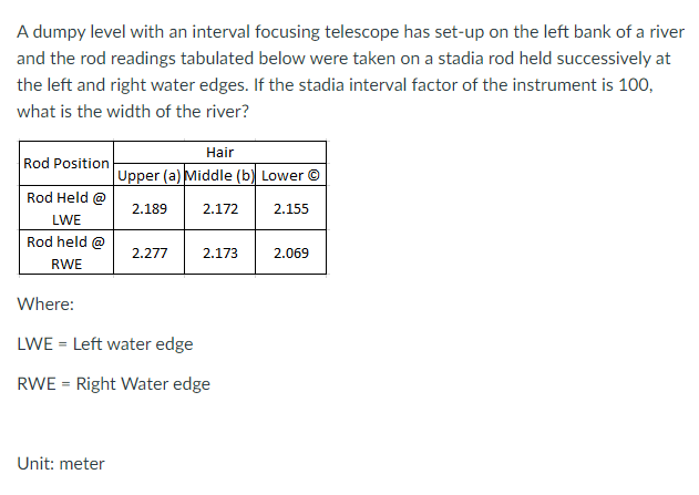 A dumpy level with an interval focusing telescope has set-up on the left bank of a river
and the rod readings tabulated below were taken on a stadia rod held successively at
the left and right water edges. If the stadia interval factor of the instrument is 100,
what is the width of the river?
Hair
Rod Position
Upper (a) Middle (b) Lower ©
Rod Held @
2.189
2.172
2.155
LWE
Rod held @
2.277
2.173
2.069
RWE
Where:
LWE = Left water edge
RWE = Right Water edge
Unit: meter
