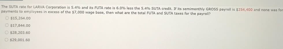 The SUTA rate for LARVA Corporation is 5.4% and its FUTA rate is 6.0% less the 5.4% SUTA credit. If its semimonthly GROSS payroll is $254,400 and none was for
payments to employees in excess of the $7,000 wage base, then what are the total FUTA and SUTA taxes for the payroll?
O $15,264.00
O $17,844.00
O$28,203.60
O $29,001.60