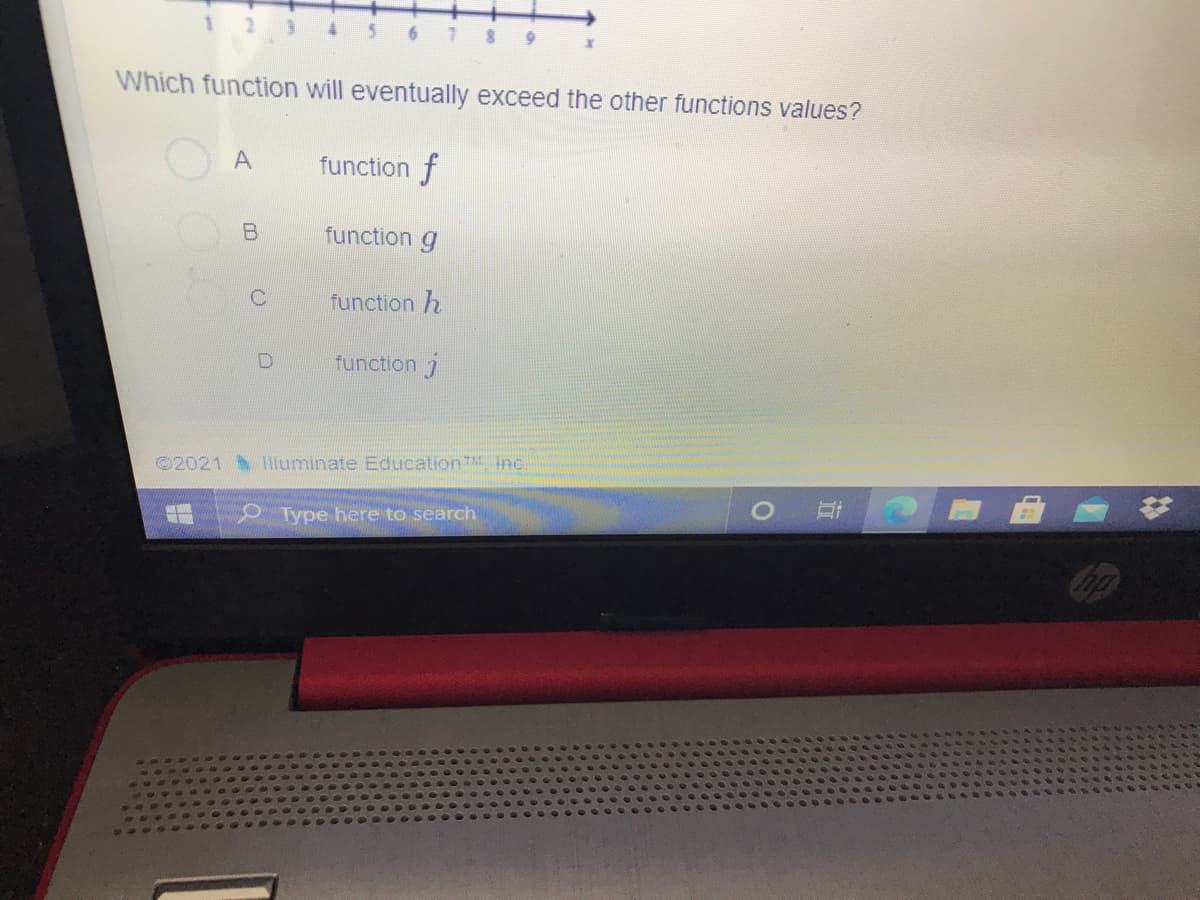 Which function will eventually exceed the other functions values?
function f
function g
function h
function j
©2021 Iluminate EducationT Inc.
Type here to search
