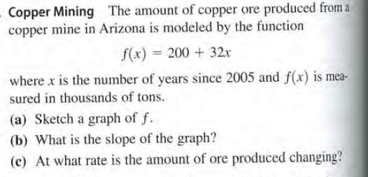 Copper Mining The amount of copper ore produced from a
copper mine in Arizona is modeled by the function
f(x) = 200 + 32x
where x is the number of years since 2005 and f(x) is mea-
sured in thousands of tons.
(a) Sketch a graph of f.
(b) What is the slope of the graph?
(c) At what rate is the amount of ore produced changing?
