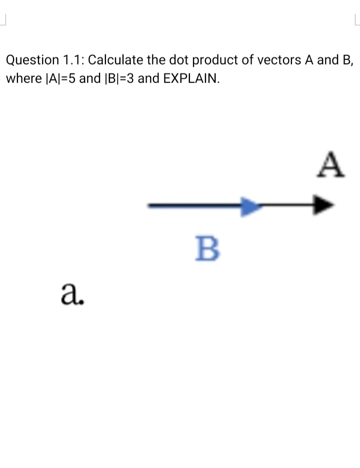 Question 1.1: Calculate the dot product of vectors A and B,
where JA|=5 and |B|=3 and EXPLAIN.
А
B
a.
