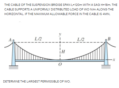 THE CABLE OF THE SUSPENSION BRIDGE SPAN L=120m WITH A SAG H=18m. THE
CABLE SUPPORTS A UNIFORMLY DISTRIBUTED LOAD OF WO N/m ALONG THE
HORIZONTAL. IF THE MAXIMUM ALLOWABLE FORCE IN THE CABLE IS 4MN.
L/2
L/2
B
DETERMINE THE LARGEST PERMISSIBLE OF WO.
