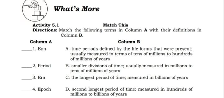 What's More
Activity 5.1
Directions: Match the following terms in Column A with their definitions in
Match This
Column B.
Column A
Column B
_1. Eon
A. time periods defined by the life forms that were present;
usually measured in terms of tens of millions to hundreds
of millions of years
_2. Period
B. smaller divisions of time; usually measured in millions to
tens of millions of years
3. Era
C. the longest period of time; measured in billions of years
_4. Epoch
D. second longest period of time; measured in hundreds of
millions to billions of years
