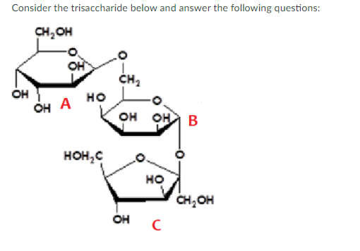 Consider the trisaccharide below and answer the following questions:
CH,OH
OH
OH
OH A
но
OH OH
B
HOH,C
но
CH,OH
он
