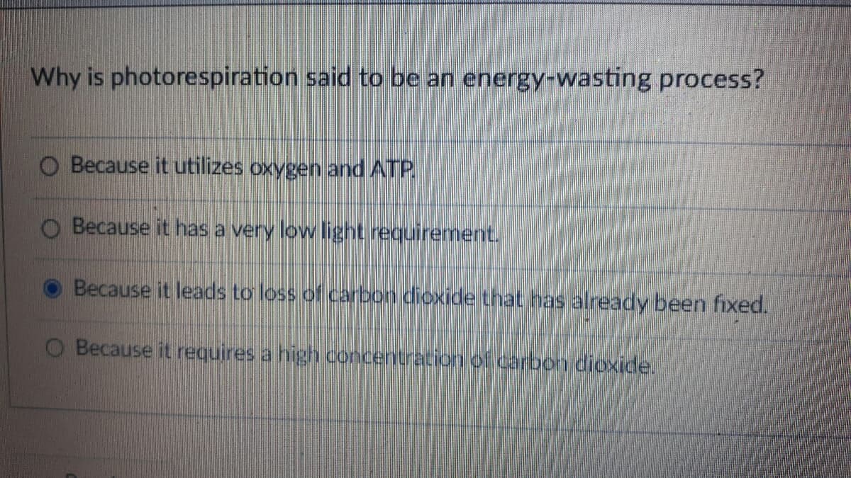 Why is photorespiration said to be an energy-wasting process?
O Because it utilizes oxygen and ATP
Because it has a very low light requirement.
Because it leads to loss of carbon dioxide that has already been fixed.
O Because it requires a high concentrationn of carbon dioxide.
