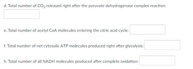 d. Total number of CO2 released right after the pyruvate dehydrogenase complex reaction:
e. Total number of acetyl CoA molecules entering the citric acid cycle:
f. Total number of net cytosolic ATP molecules produced right after glycolysis:
h. Total number of all NADH molecules produced after complete oxidation:
