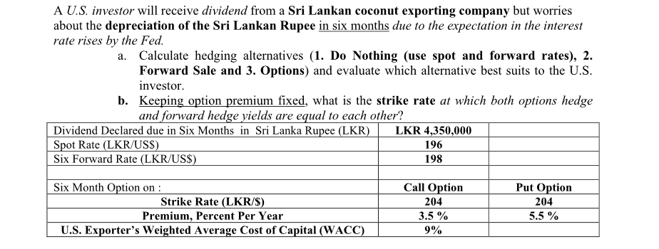 A U.S. investor will receive dividend from a Sri Lankan coconut exporting company but worries
about the depreciation of the Sri Lankan Rupee in six months due to the expectation in the interest
rate rises by the Fed.
a. Calculate hedging alternatives (1. Do Nothing (use spot and forward rates), 2.
Forward Sale and 3. Options) and evaluate which alternative best suits to the U.S.
investor.
b. Keeping option premium fixed, what is the strike rate at which both options hedge
and forward hedge yields are equal to each other?
Dividend Declared due in Six Months in Sri Lanka Rupee (LKR)
Spot Rate (LKR/USS)
Six Forward Rate (LKR/US$)
Six Month Option on :
Strike Rate (LKR/S)
Premium, Percent Per Year
U.S. Exporter's Weighted Average Cost of Capital (WACC)
LKR 4,350,000
196
198
Call Option
204
3.5%
9%
Put Option
204
5.5%