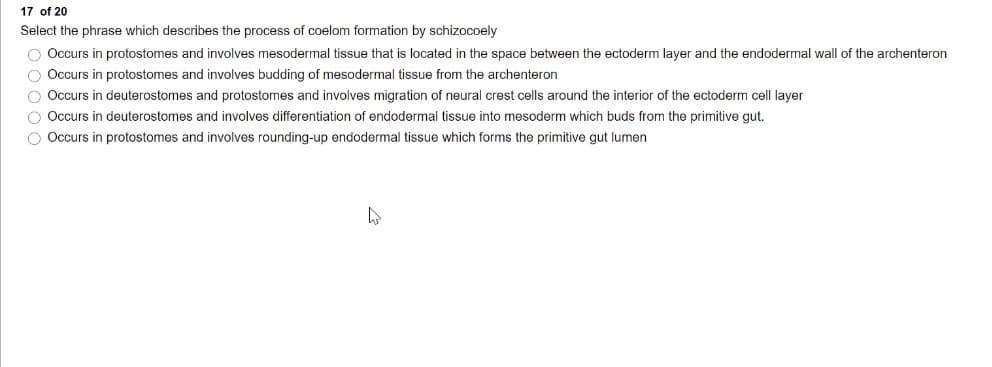 17 of 20
Select the phrase which describes the process of coelom formation by schizocoely
O Occurs in protostomes and involves mesodermal tissue that is located in the space between the ectoderm layer and the endodermal wall of the archenteron
O Occurs in protostomes and involves buding of mesodermal tissue from the archenteron
O Occurs in deuterostomes and protostomes and involves migration of neural crest cells around the interior of the ectoderm cell layer
O Occurs in deuterostomes and involves differentiation of endodermal tissue into mesoderm which buds from the primitive gut.
O Occurs in protostomes and involves rounding-up endodermal tissue which forms the primitive gut lumen
