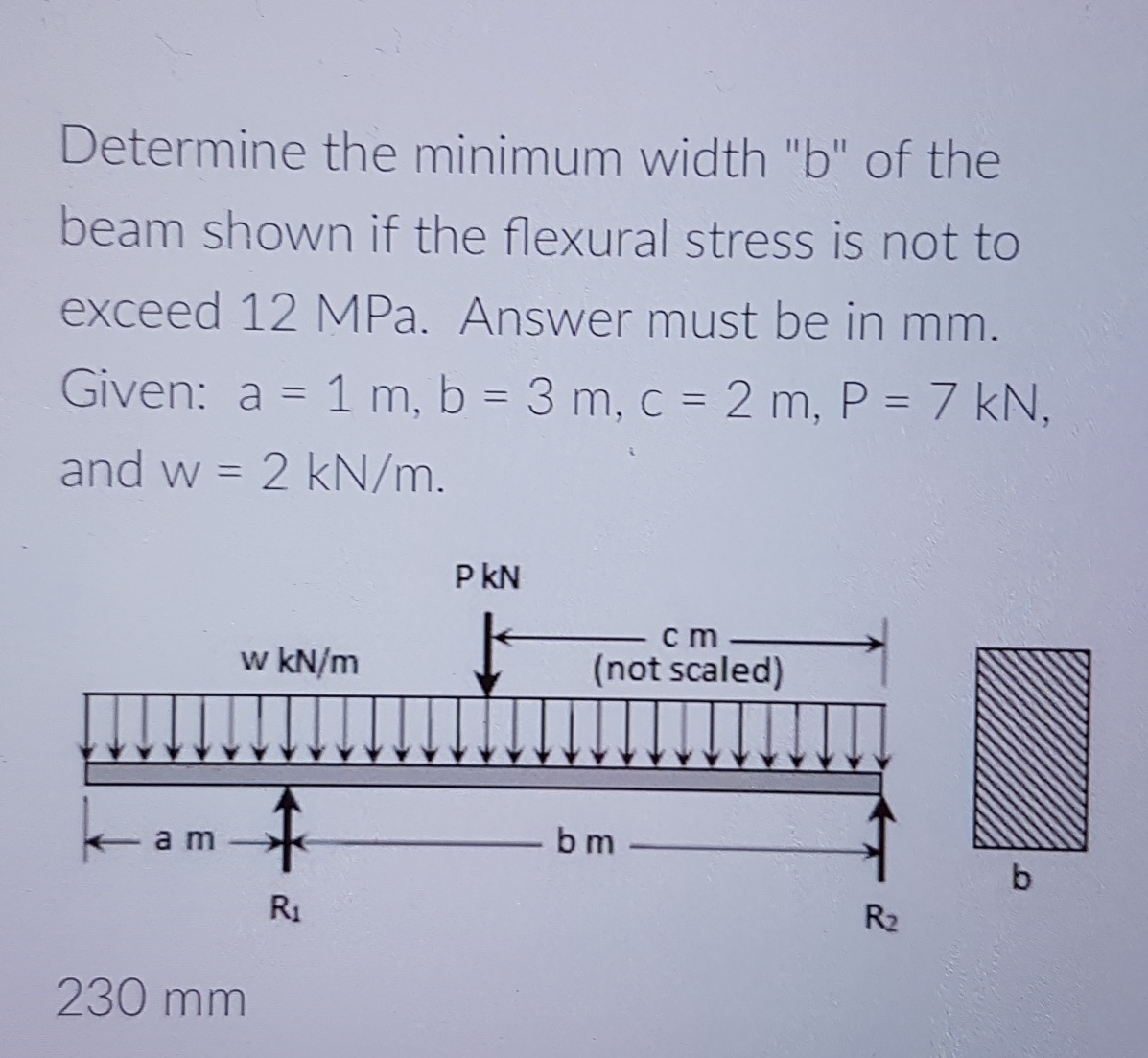 Determine the minimum width "b" of the
beam shown if the flexural stress is not to
exceed 12 MPa. Answer must be in mm.
Given: a = 1 m, b = 3 m, c = 2 m, P = 7 kN,
%3D
%3D
%3D
and w = 2 kN/m.
P kN
c m
w kN/m
(not scaled)
ka
bm
b
R1
R2
230 mm
