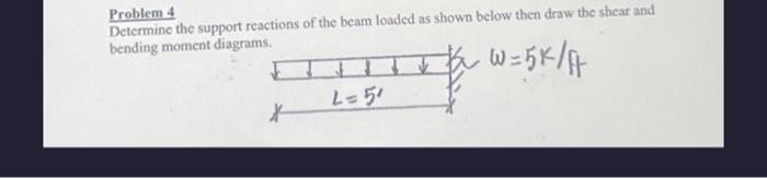 Problem 4
Determine the support reactions of the beam loaded as shown below then draw the shear and
bending moment diagrams.
_w=5K/H
L=50