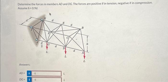 Determine the forces in members AD and DG. The forces are positive if in tension, negative if in compression.
Assume h = 0.9d.
Answers:
AD= i -5
DG= i -5
d
82
G
L
d
E
L
L
d
B