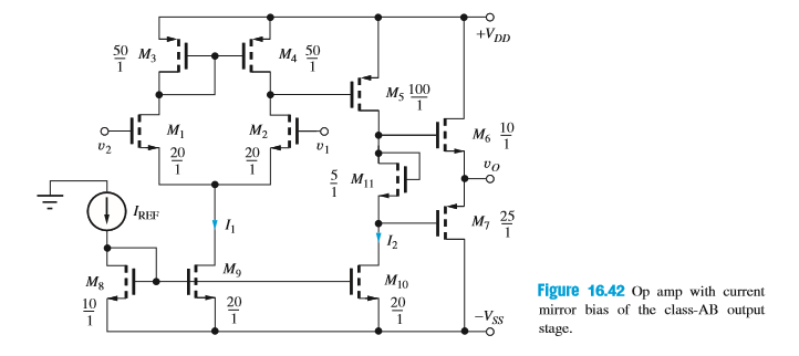 +VDD
50 м
M4 50
100
M5
M1
M2
10
M6
м, 9
20
20
vo
M11
IREF
25
M7
M9
M10
Figure 16.42 Op amp with current
mirror bias of the class-AB output
Mg
20
10
-Vss
stage.
