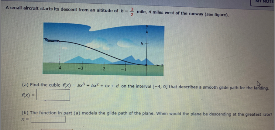 A small aircraft starts its descent from an altitude of h = mile, 4 miles west of the runway (see figure).
-3
-2
(a) Find the cubic f(x) = ax³ + bx² + cx + d on the interval [-4, 0] that describes a smooth glide path for the landing.
%3D
f(x) =
(b) The function in part (a) models the glide path of the plane. When would the plane be descending at the greatest rate?
