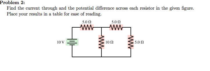 Problem 2:
Find the current through and the potential difference across each resistor in the given figure.
Place your results in a table for ease of reading.
5.0 2
5.0 Ω
10 V
10 Ω
5.0 0
