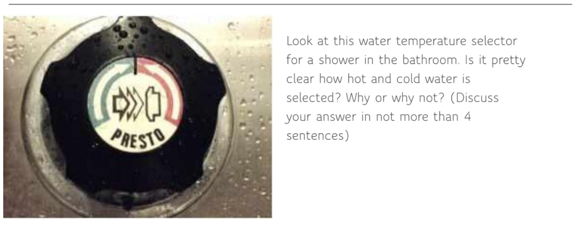 Look at this water temperature selector
for a shower in the bathroom. Is it pretty
clear how hot and cold water is
selected? Why or why not? (Discuss
your answer in not more than 4
PRESTO
sentences)
