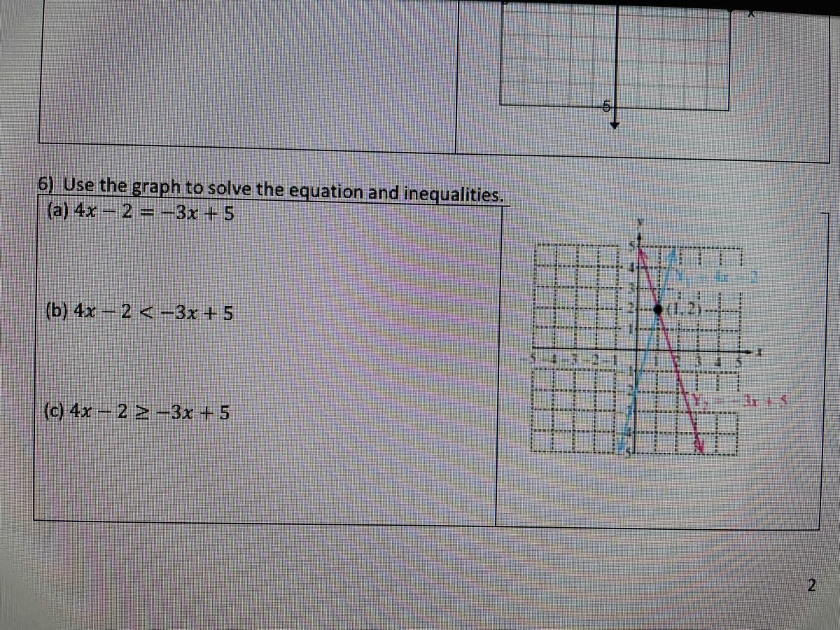 6) Use the graph to solve the equation and inequalities.
(a) 4x 2 = -3x + 5
ㄇ
(b) 4x 2 < -3x + 5
(c) 4x-2 2-3x +5
2
